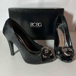 BCBG Satin Logo Print Peep Toe Platform Heel